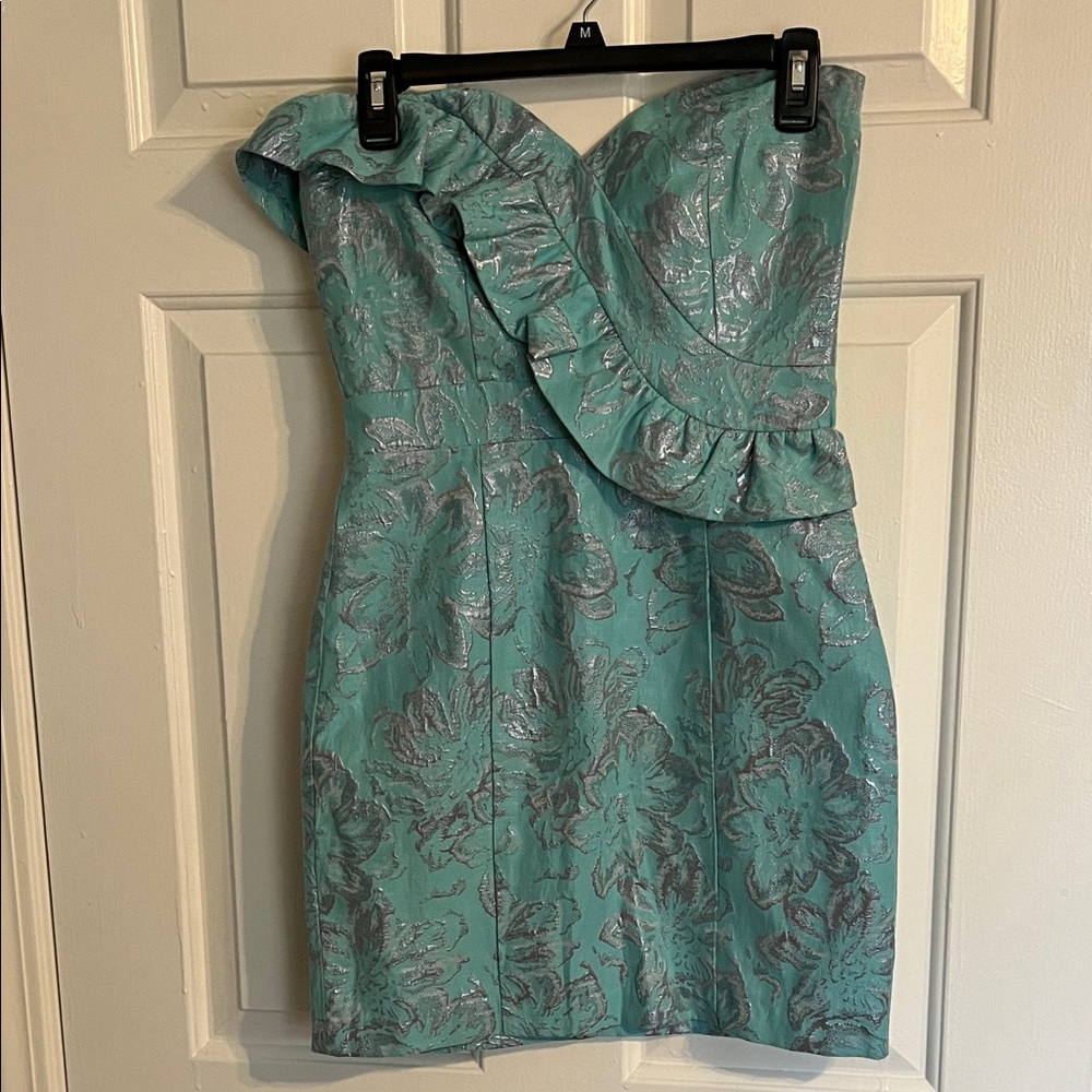Rubber Ducky Productions Teal and Silver One Shoulder Dress